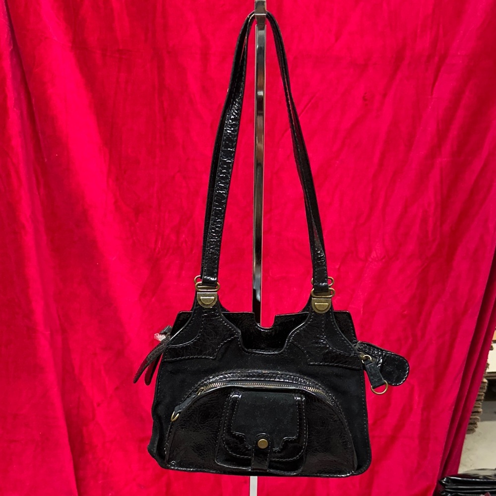 BICA CHEIA BLACK CRINKLED GENUINE LEATHER SUEDE TOTE SHOULDER BAG HANDBAG PURSE